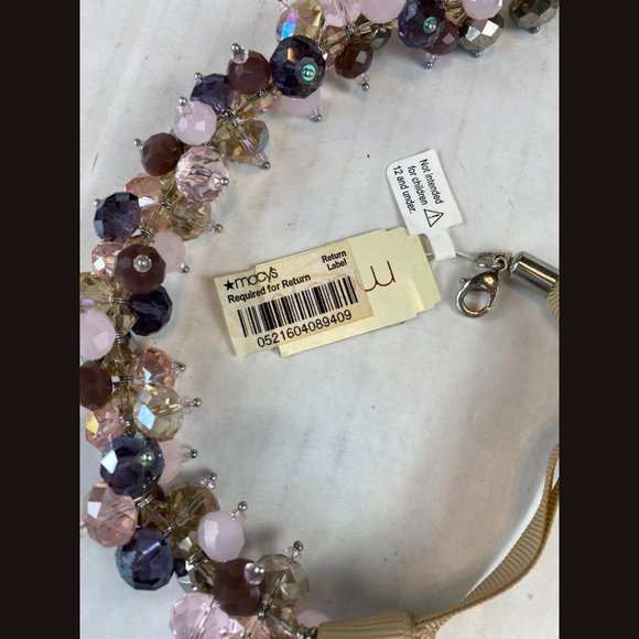 NWT Gold Purple Pink Taupe Beaded Grosgrain Ribbon Silver Clasp Macy's Necklace - Picture 2 of 6